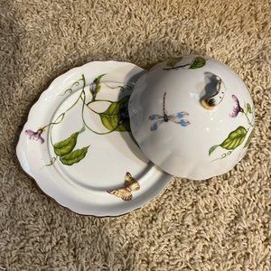 I. Godinger Co. Dome Covered Butter Cheese Plate Gold Trim Dragonfly & Butterfl
